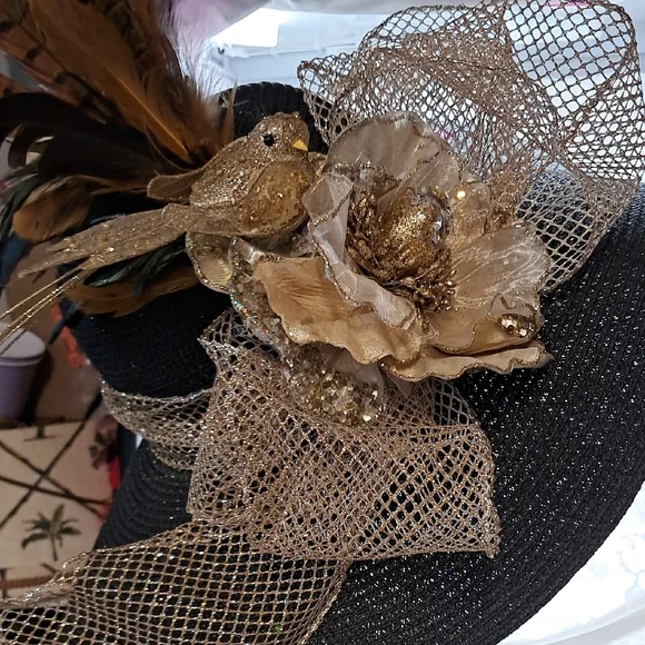 OOAK Black & Gold Couture Derby Hat with Designer Floral & Feather Bird - Picture 3 of 9